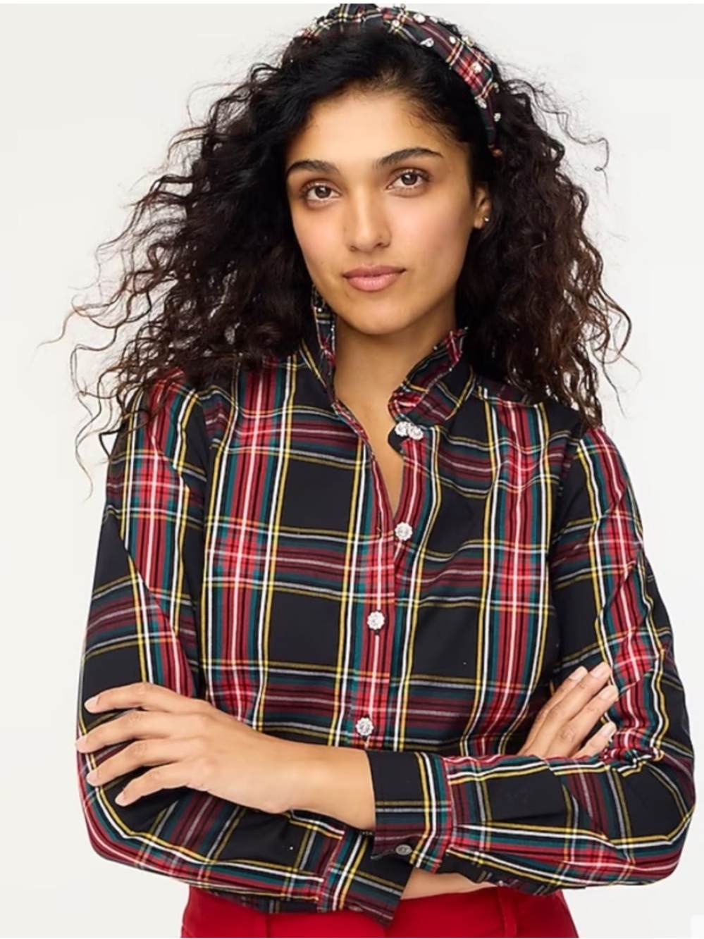 📌 J. Crew Tartan ruffle button up shirt with jeweled buttons